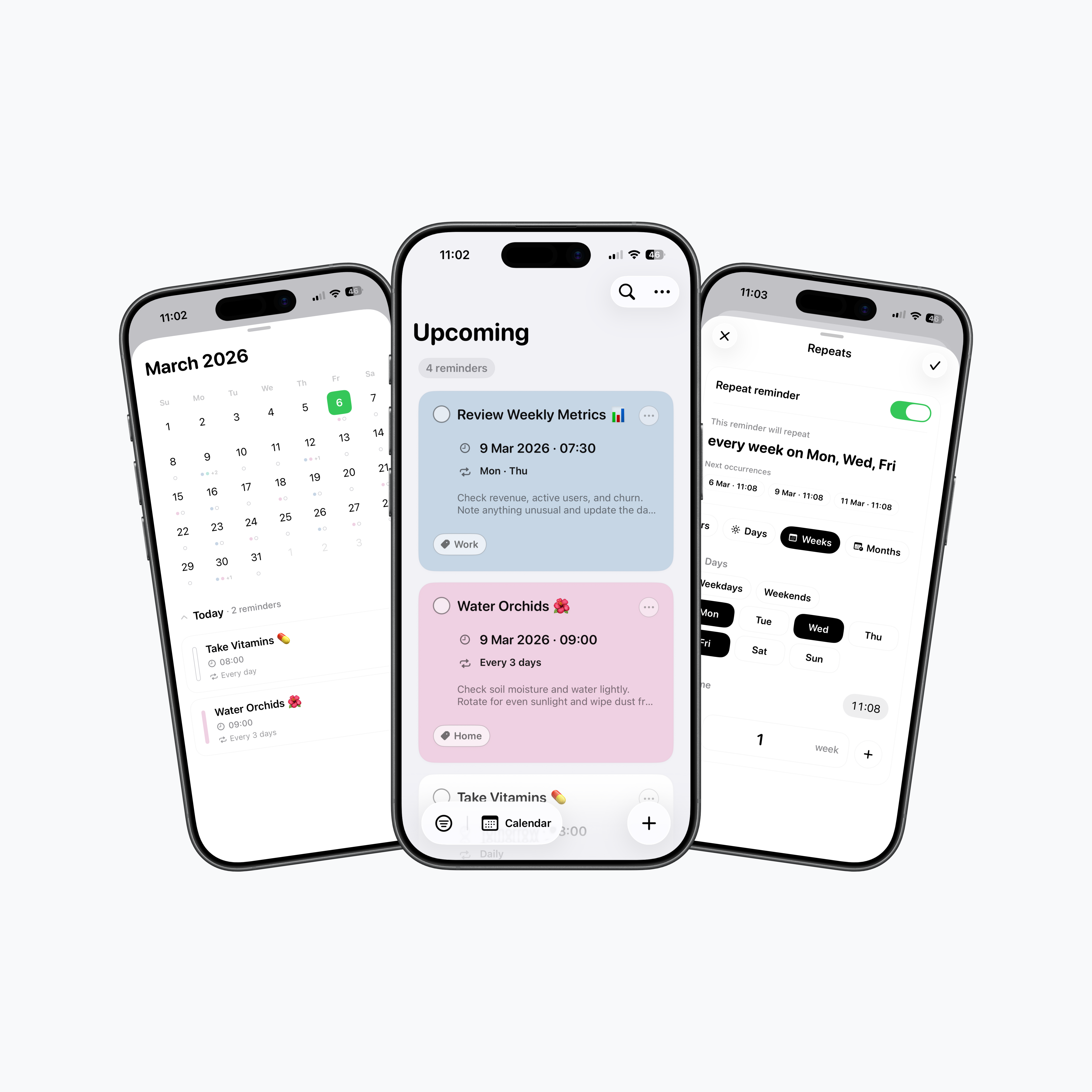 ReminderOS app screens showing upcoming reminders, calendar view, and recurring schedule options